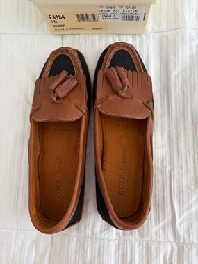 Cole Haan Brown Leather Tassel Loafers with Black Fabric Panels - Brand New